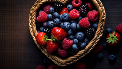 Wall Mural - Freshness of organic berry fruit in a wicker basket on wood generated by AI