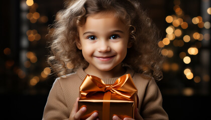 Poster - Smiling girl holds Christmas gift, radiating happiness and joy generated by AI