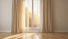 Sunlit Window With Billowing White Curtain Against Beige Wallpaper, Evoking Serenity And Warmth