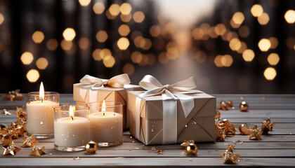 Wall Mural - Glowing candle illuminates gift box on decorated winter table generated by AI