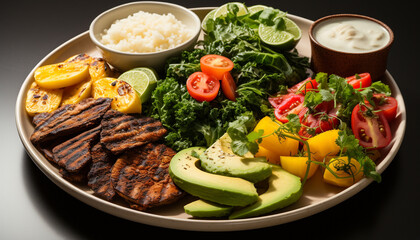 Wall Mural - Grilled meat and fresh salad on a gourmet plate generated by AI