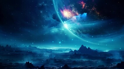 Wall Mural - galaxy and nebula. flying near the blue planet. abstract space background. endless universe with sta