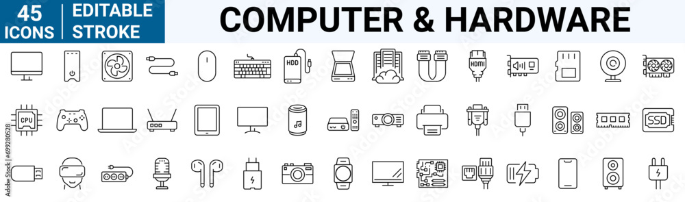 Computer and Hardware line web icons. PC, such as RAM memory, hdd, ssd ...