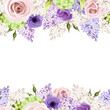 Horizontal seamless border with pink, purple, and white roses, lisianthus flowers, and lilac flowers. Vector floral background