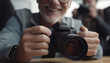 A smiling photographer holding a camera, capturing moments with expertise generated by AI