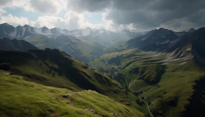 Poster - Majestic mountain peak, green meadow, tranquil forest, panoramic landscape generated by AI