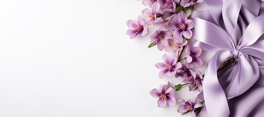 Wall Mural - Close up purple flowers and silk ribbon on white panoramic background. Flat lay top view composition with copy space for banner