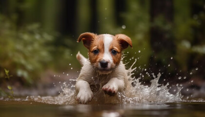 Wall Mural - Cute puppy playing in water, wet fur, joyful and playful generated by AI