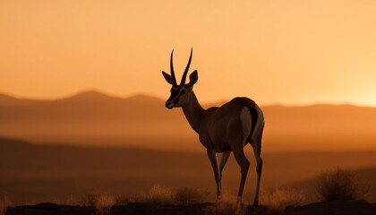 Poster - Silhouette of horned mammal standing in African wilderness at sunset generated by AI