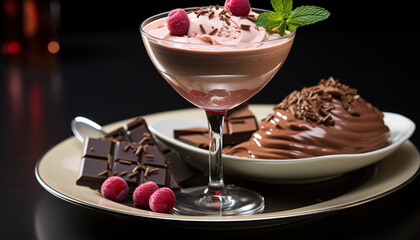 Wall Mural - Gourmet dessert chocolate mousse with raspberry and whipped cream generated by AI