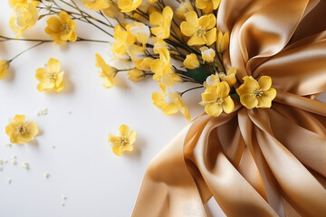 Wall Mural - Mockup image close up yellow flowers and silk on white background. Banner, card, invitation and branding design concept