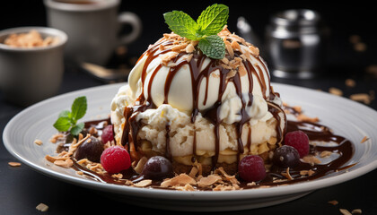 Canvas Print - Homemade dessert chocolate pancake stack with berry syrup and whipped cream generated by AI