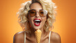 © djvstock - A cheerful woman with blond hair enjoys ice cream generated by AI