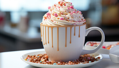 Poster - Freshly baked cupcake on wooden table with frothy cappuccino generated by AI