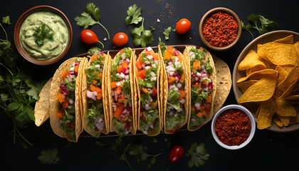 Wall Mural - Fresh guacamole, taco, cilantro, tortilla, meat, spice, vegetable, Mexican food generated by AI