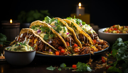 Wall Mural - Gourmet taco plate grilled beef, fresh guacamole, and spicy salsa generated by AI