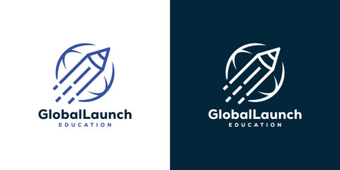 Creative Global Launch Logo. Pen Pencil Globe World Logo For Education Company. Icon Symbol Vector Logo Design Template.