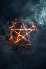 Fire yellow pentagram - fantasy pentagram star in flames, fire, smoke and mist - black background - witchcraft spooky horror symbol - dark black background - ethereal nightmare concept art