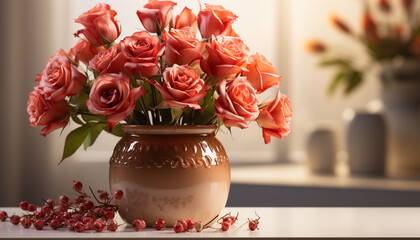 Canvas Print - Fresh flower bouquet on wooden table brings nature indoors generated by AI