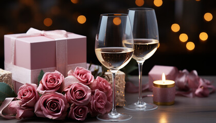 Wall Mural - Romantic night wine, candle, gift, love, celebration, decoration generated by AI