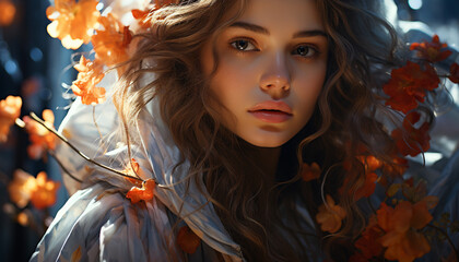 Wall Mural - A young woman in autumn, smiling, surrounded by nature beauty generated by AI