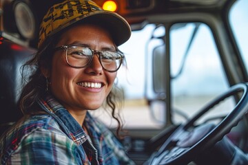 Wall Mural - A female truck driver smiling.