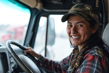 Wall Mural - A female truck driver smiling.