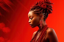 African Woman With Braided Spikelet Hair On Red Background.