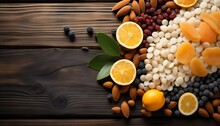 Assorted Dried Fruits And Nuts, Appetizing Vitamin Mosaic Background. Concept: Healthy And Nutritious Snack Selection, Healthy Snack