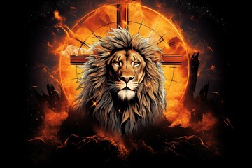 Poster - Design of lion, cross and basketball ball.