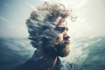 Wall Mural - Double exposure portrait of man profile at sea.