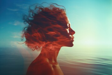 Wall Mural - Double exposure portrait of woman profile at sea.