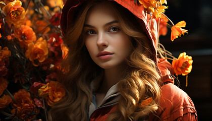 Wall Mural - Young woman with long brown hair smiling in autumn forest generated by AI