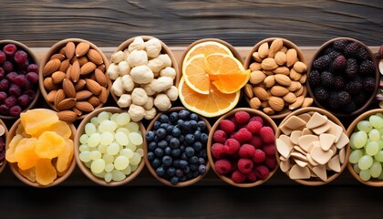 Wall Mural - Assorted dried fruits and nuts on a dark background, Concept: healthy and nutritious selection of snacks, healthy snack
