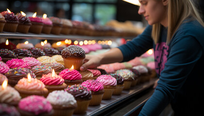 Canvas Print - Young adult woman holding a homemade cupcake in a bakery generated by AI