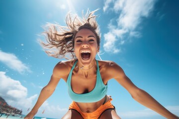 Wall Mural - Portrait of fitness woman at beach.