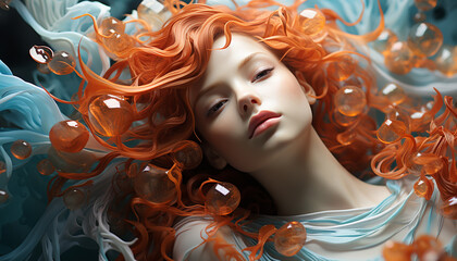 Poster - Beautiful redhead woman with curly hair blowing in the wind generated by AI