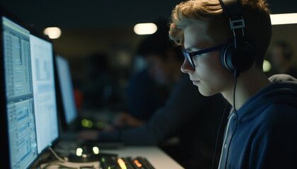 Poster - Young adult musician working indoors, listening to music with headphones generated by AI