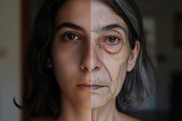 Wall Mural - A woman face divided into two halves - young and old. 