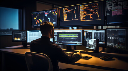 Man sitting in a chair at the desk, wearing headphones and looking at multiple monitor device screens or displays while working on his computer late at night or evening in his room or home office