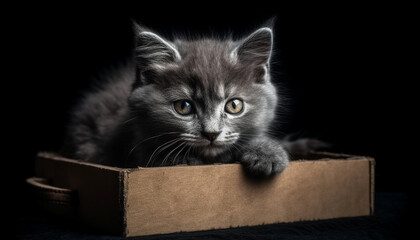 Poster - Cute kitten, small and fluffy, sitting, staring with blue eyes generated by AI