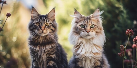 Wall Mural - Lovely portrait of two fluffy Maine Coon cats, showcasing their adorable nature and beautiful fur.