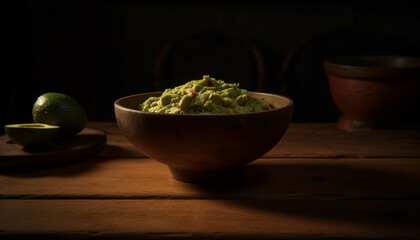 Wall Mural - Fresh guacamole on a wooden table, a healthy vegetarian snack generated by AI