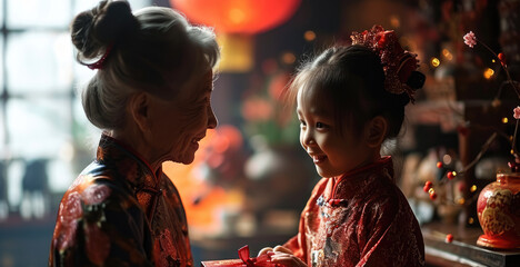 Asian grandmother giving red gift box to her grandkid for chinese new year celebration