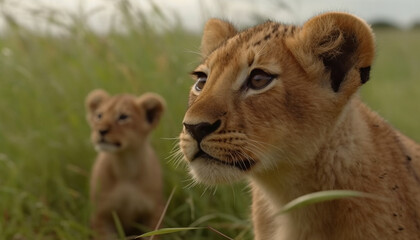 Wall Mural - Lioness and cub in the African savannah, a beautiful family portrait generated by AI