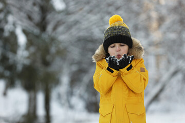 Sticker - Cute little boy blowing snow in park on winter day, space for text