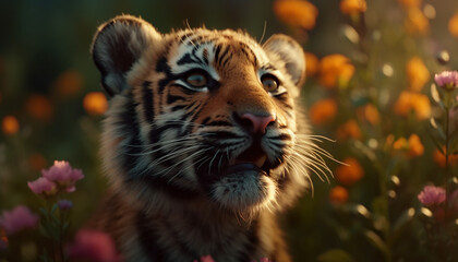 Wall Mural - Cute tiger hiding in the grass, staring with focused yellow eyes generated by AI