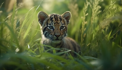 Poster - Tiger walking in the wild, staring with fierce beauty generated by AI