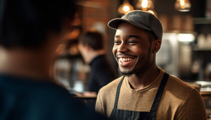 Sticker - A group of cheerful young adults working in a coffee shop generated by AI