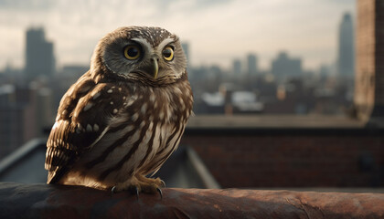 Poster - Eagle owl perching on skyscraper, staring at cityscape at night generated by AI